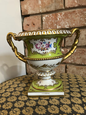 Dresden Porcelain Twin Handled Campana Urn Green Gilt Floral Reserves Plinth