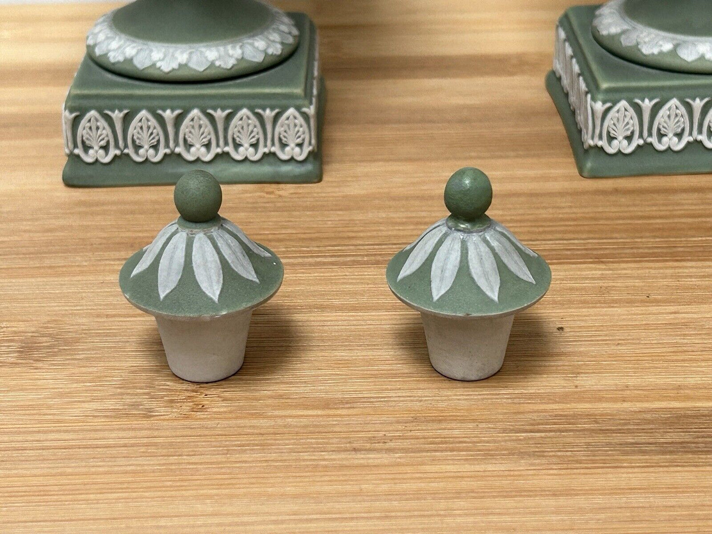 Wedgwood Pair Jasperware Twin Handle Vases Lidded Pair 23cm Urn Green