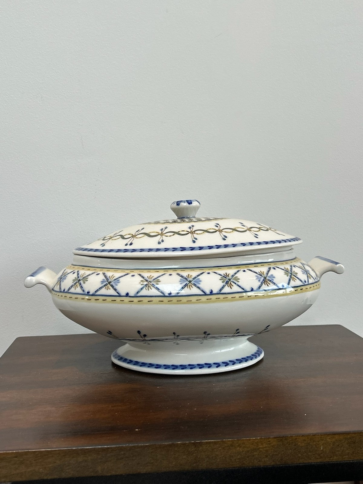Antique Porcelain Covered Tureen Blue Yellow Neoclassical Border0