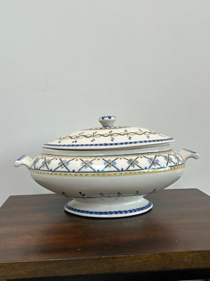 Antique Porcelain Covered Tureen Blue Yellow Neoclassical Border