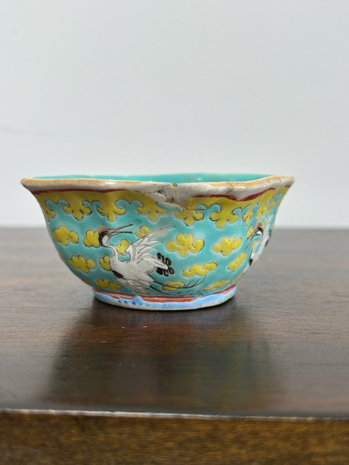 Antique Chinese Green Yellow Ground Porcelain Bowl 19th Century Qing 8cm2