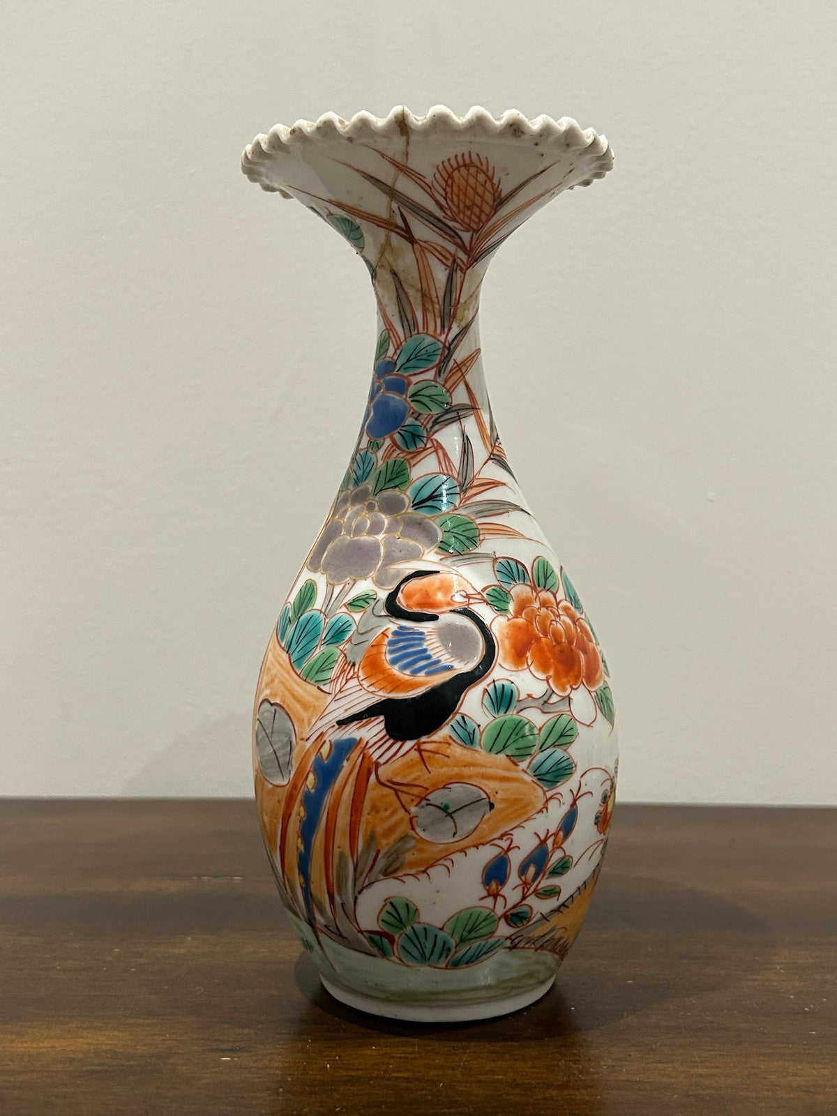 Japanese Meiji Imari Porcelain Bottle Vase Phoenix Crimped Rim0