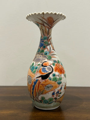 Japanese Meiji Imari Porcelain Bottle Vase Phoenix Crimped Rim