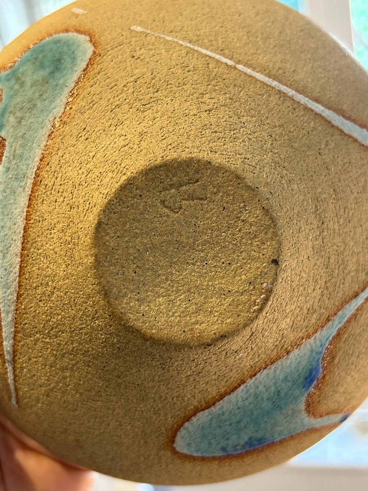 Studio Pottery Stoneware Bowl Blue Turquoise Amber Glaze Splashes 18cm8
