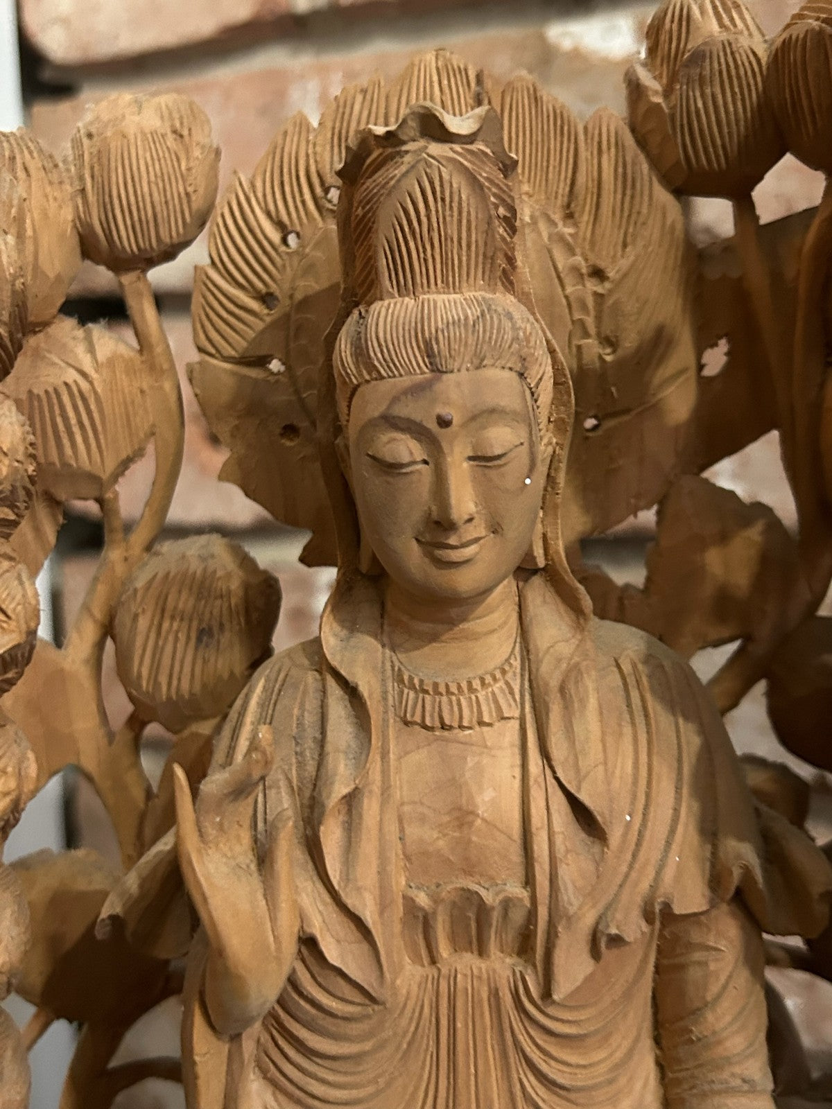 Chinese Carved Wood Guanyin Figure Group Dragons Lotus Deeply Carved Panel3