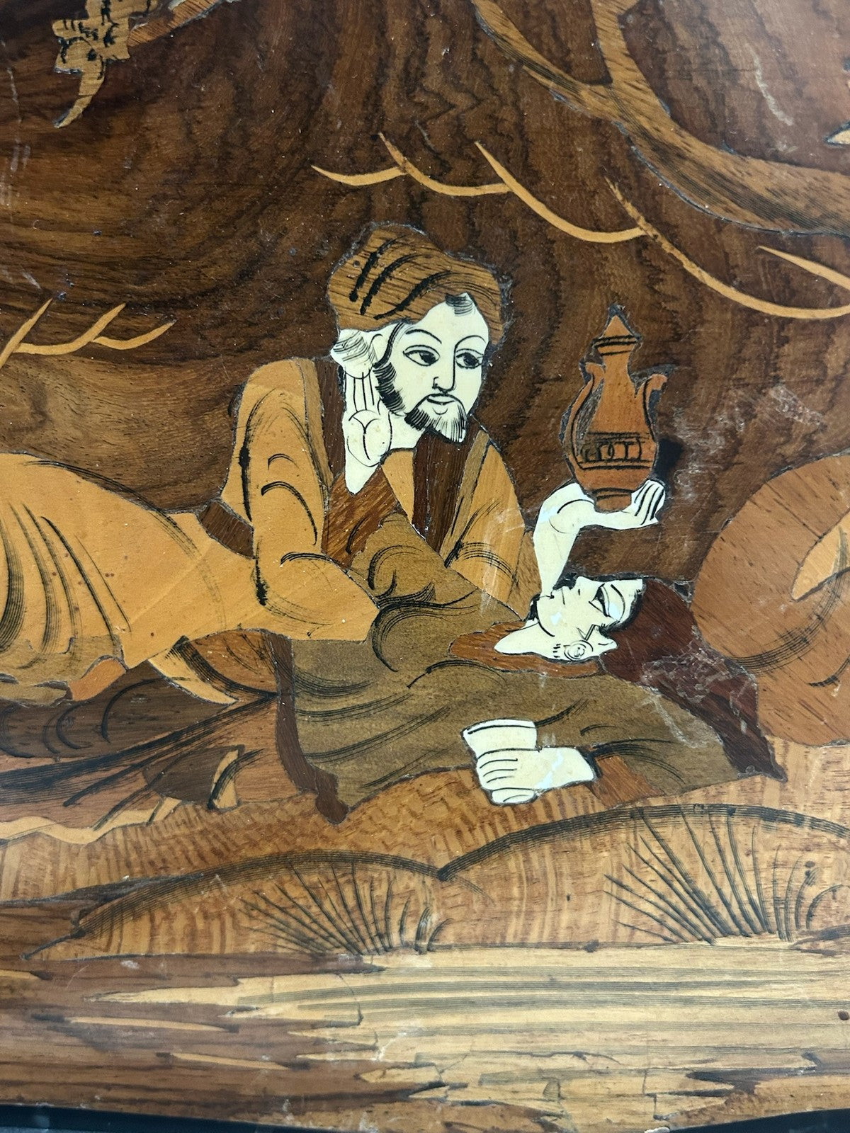 Antique Indo Persian Sorrento Marquetry Wall Plaque Reclining Sage Sufi3