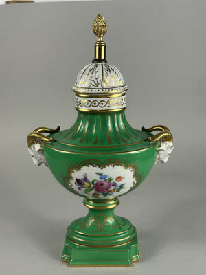 Dresden green porcelain ram’s head lamp base vase with finial
