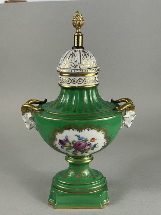 Dresden green porcelain ram’s head lamp base vase with finial