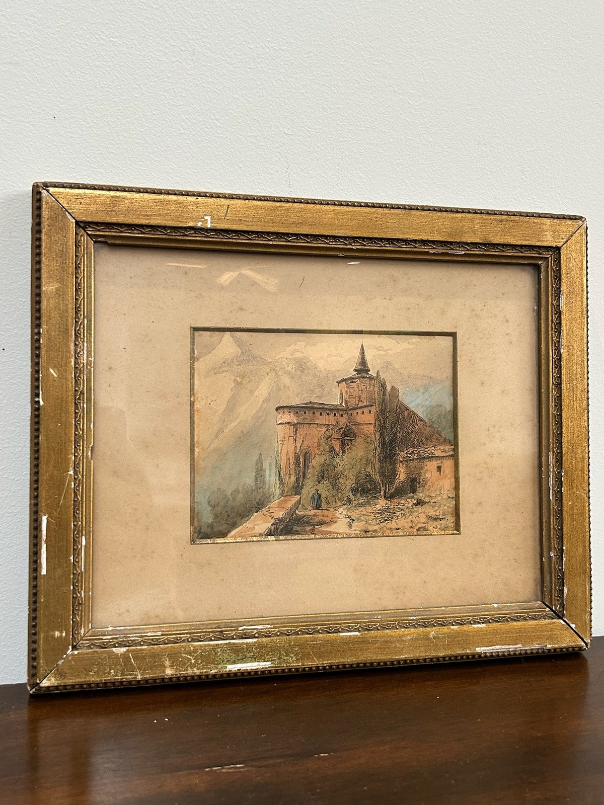 Antique Hand Coloured Engraving Saint Savin Pyrenees Gilt Frame back c.17700
