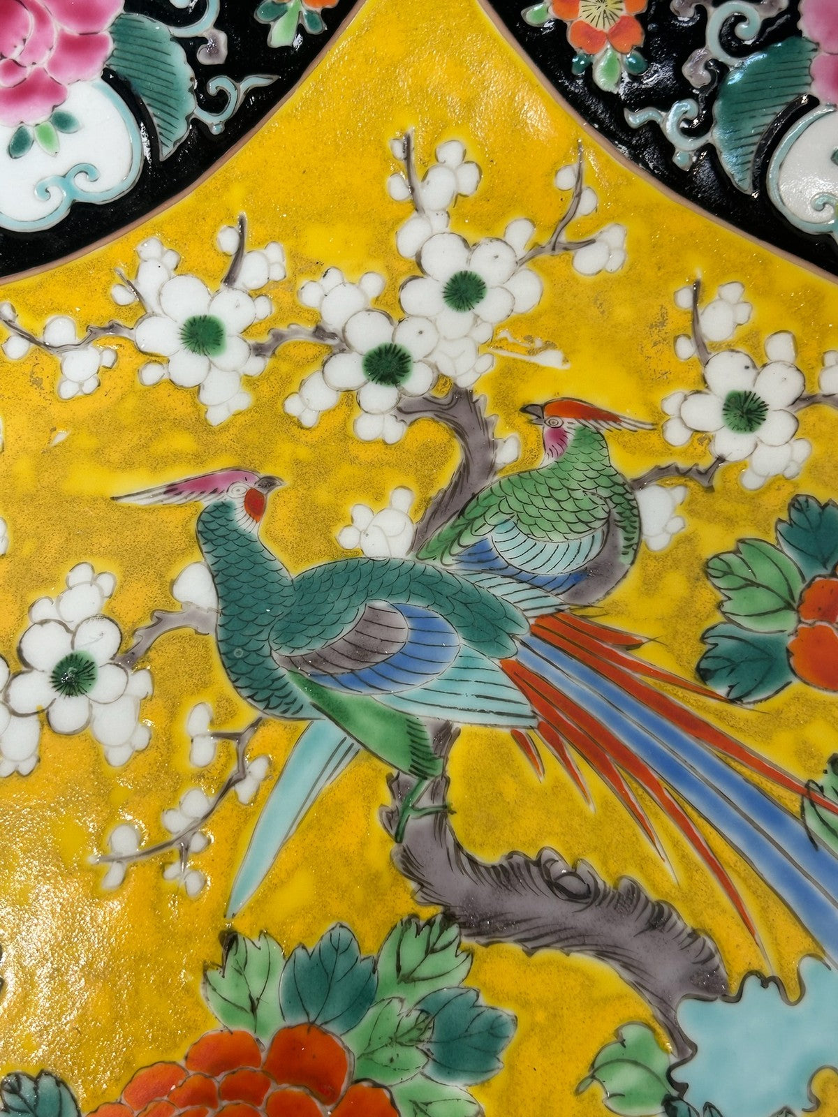 Antique Chinese Famille Noire Charger Peacocks Peonies Birds1