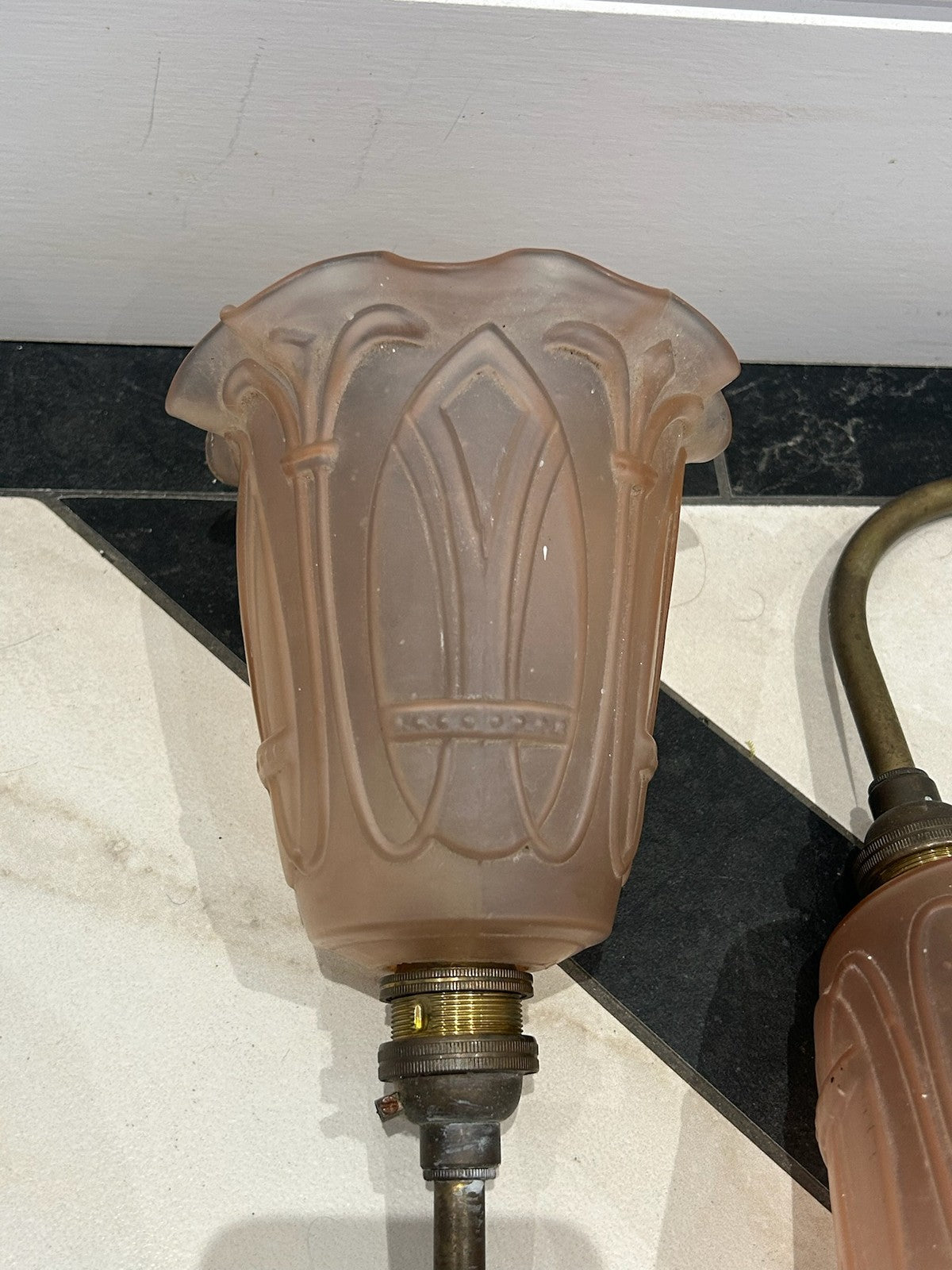Pair Brass Wall Lights c.1900 Satin Pink Art Nouveau Frosted Glass Shades3