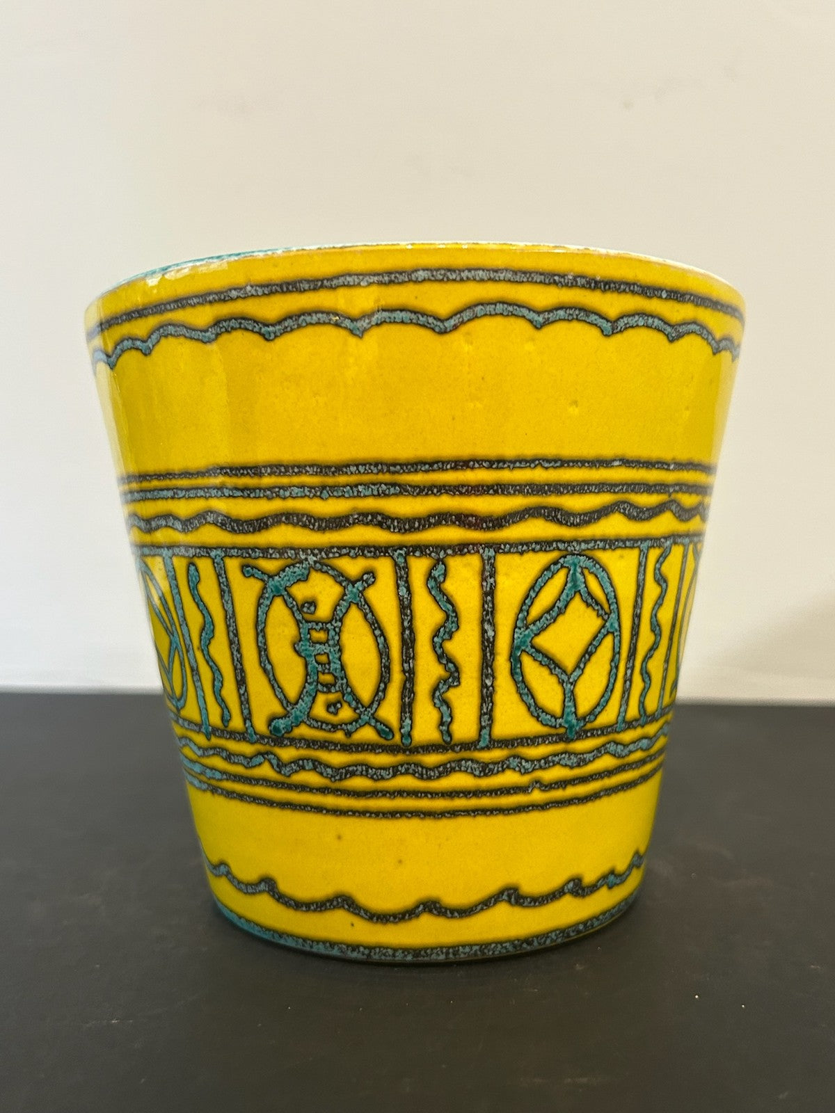 1960s Italian Pottery Cachepot Planter Yellow Black Abstract Bitossi Style 13cm2