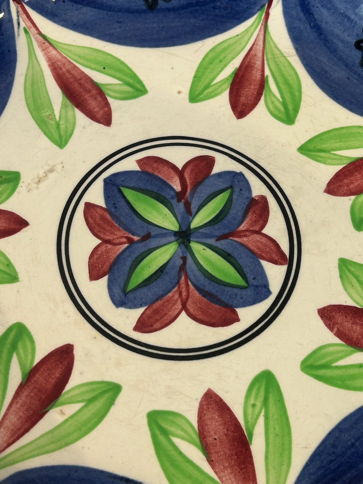 Antique 19th Century Spongeware Hand Painted Plate Blue Red Green Leaves 28cm2
