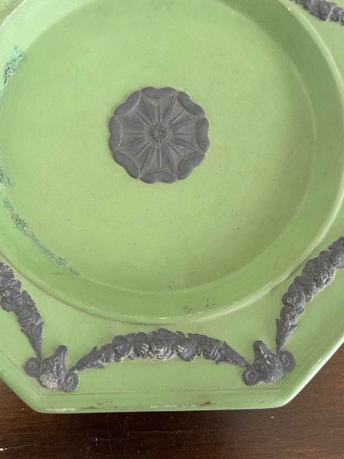 Antique Green Jasperware Octagonal Plate White Relief Swags 19th C 23cm3