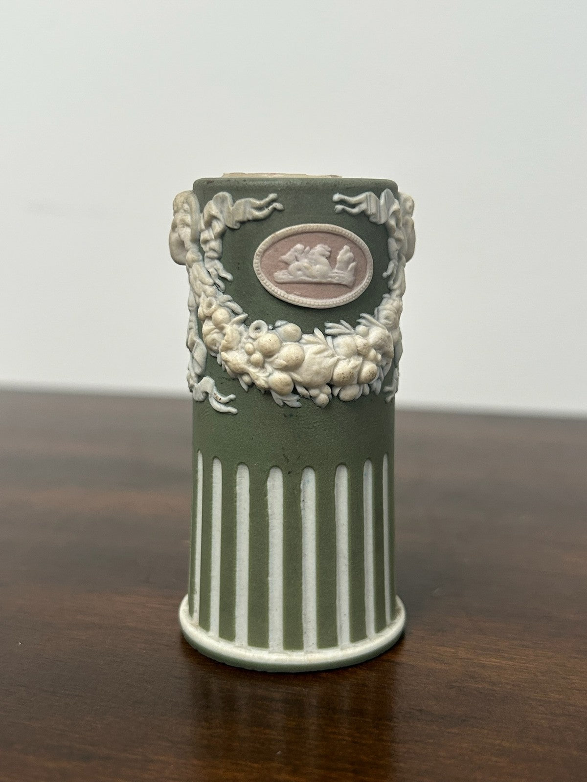 Antique Tricolour Jasperware Spill Vase Green Lilac White Masks Swags1