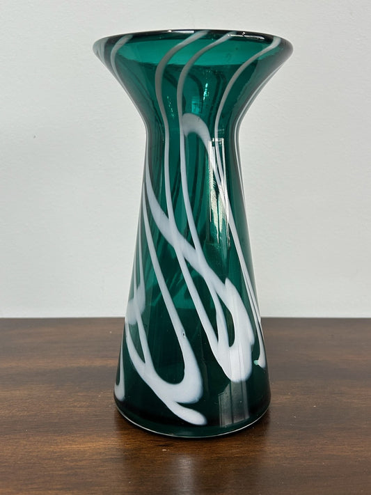 Vintage Murano Style Green White Swirl Art Glass Tall Vase 19cm Mid Century0