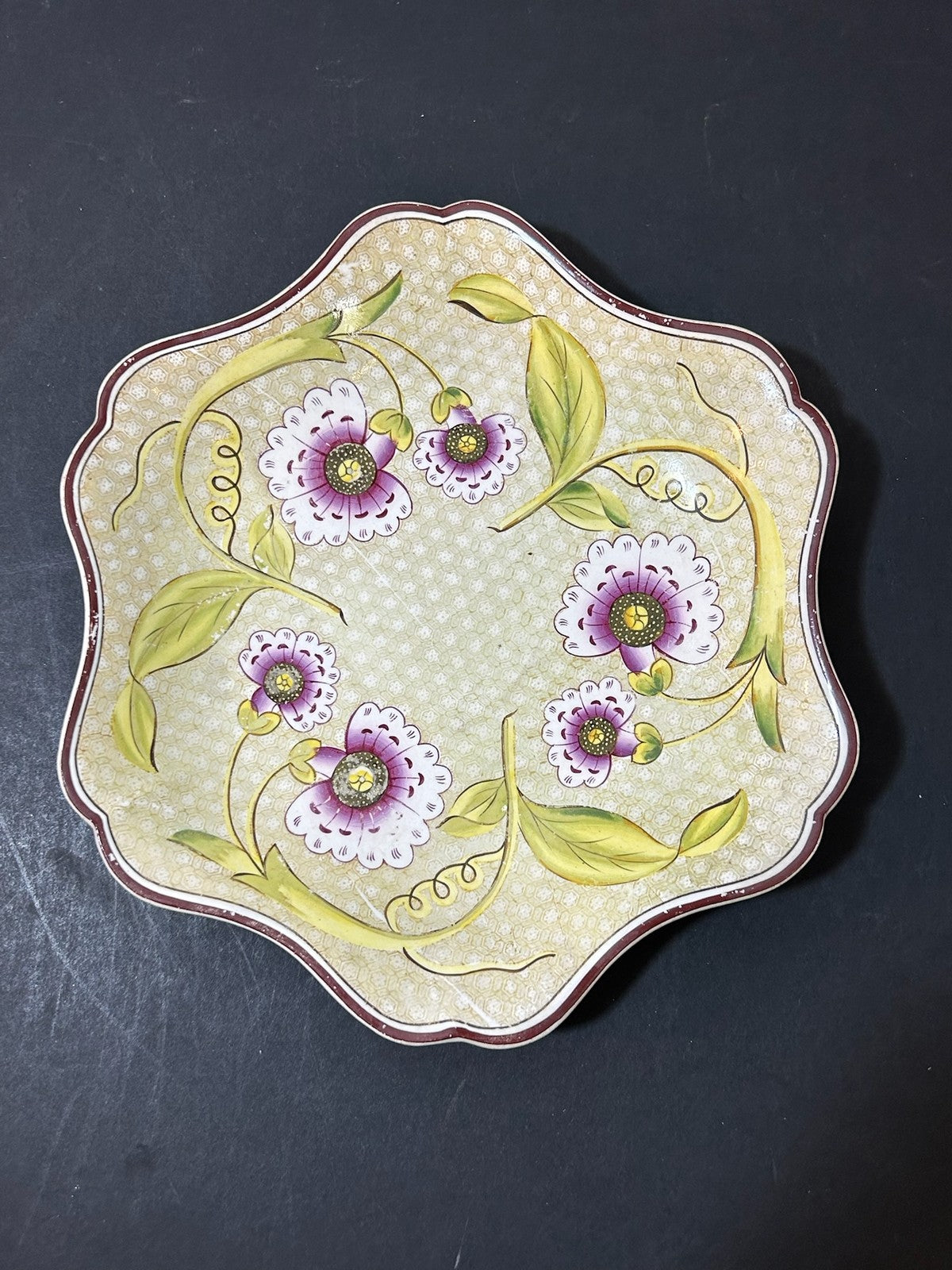 Antique Wedgwood Pearlware Yellow Ground Passion Flower Dish Impressed 21cm0