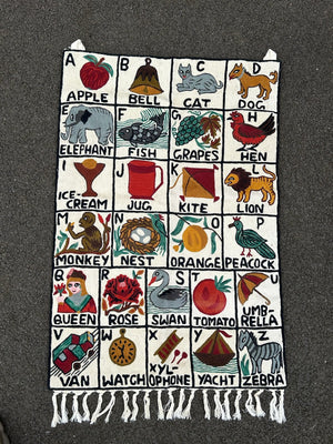 Handwoven Folk Nursery Alphabet ABC Embroidered Wool Tapestry Wall Hanging