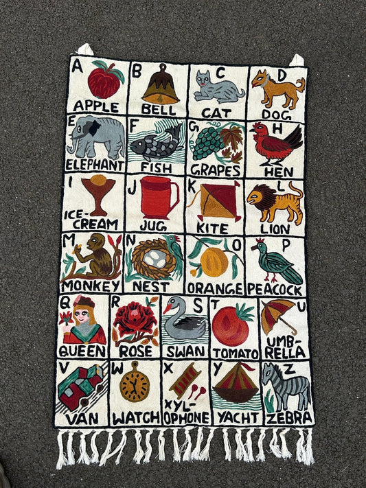 Handwoven Folk Nursery Alphabet ABC Embroidered Wool Tapestry Wall Hanging0