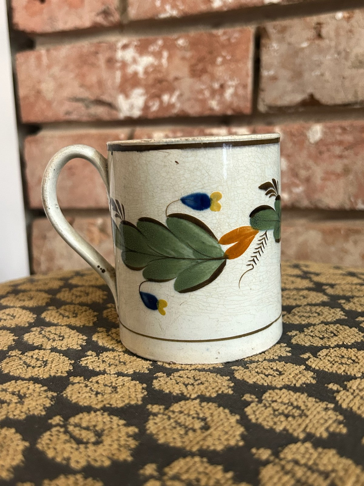 Antique English Pearlware Mug Hand Painted Green Leaves Blue Flowers Pattern No2