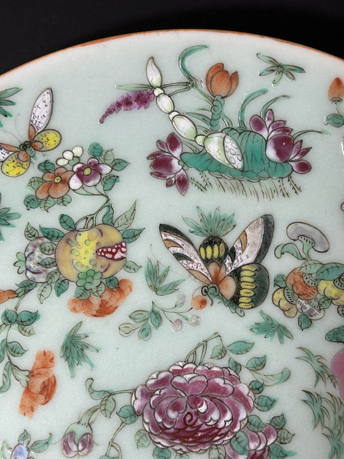 Antique Chinese Canton Famille Rose Plate Butterflies Birds Celadon Ground 24cm3