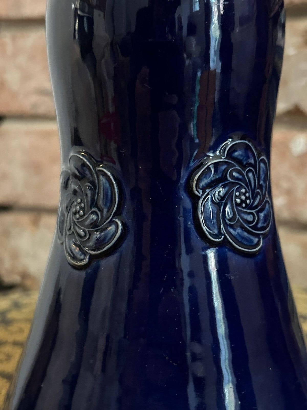 Royal Doulton Lambeth Cobalt Blue Stoneware Vase Royal Arms Relief Bottle Form6