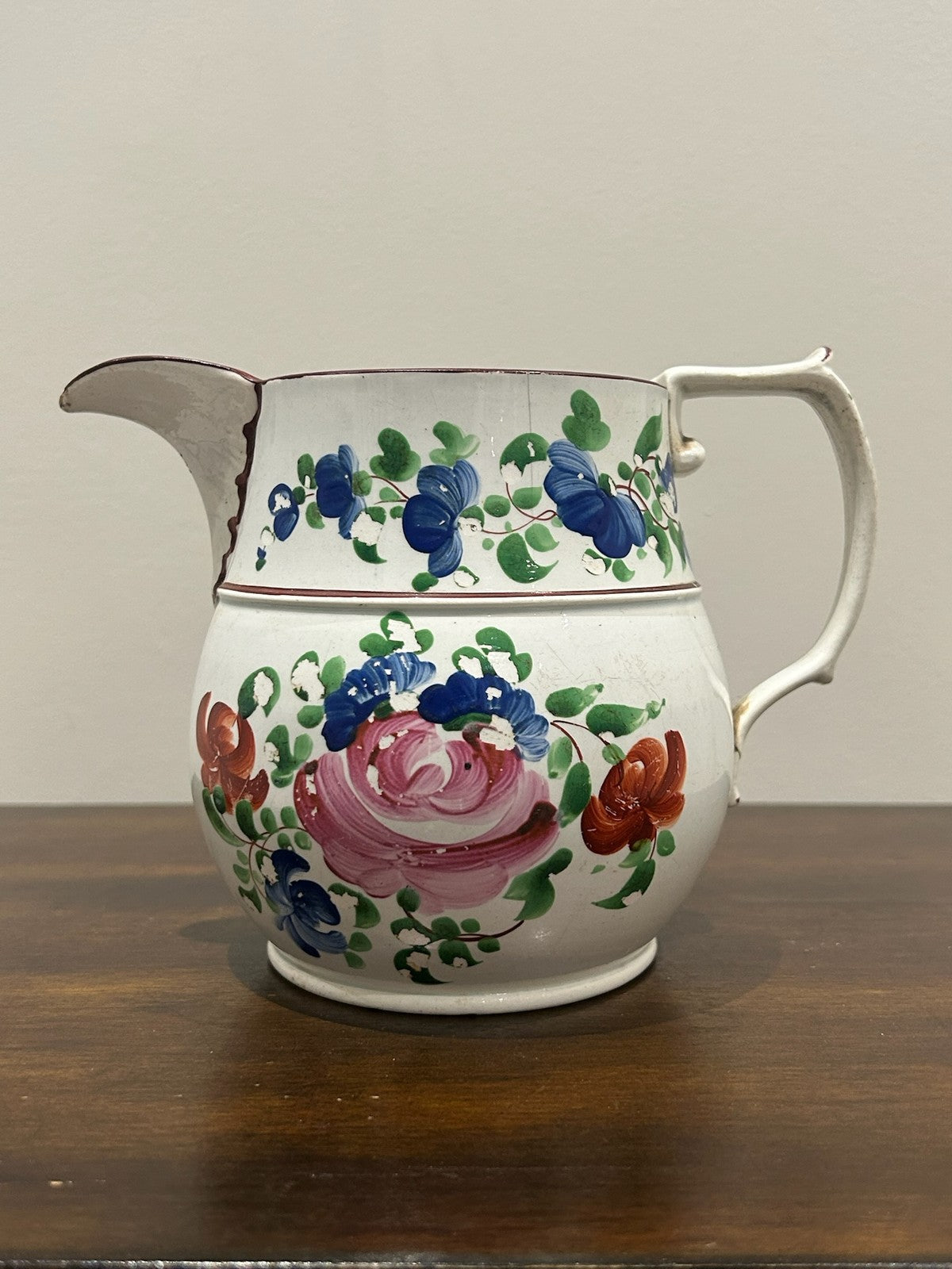 Georgian Pearlware Jug Hand Painted Enamel Pink Roses Blue Band c.18200