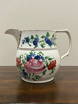 Georgian Pearlware Jug Hand Painted Enamel Pink Roses Blue Band c.1820