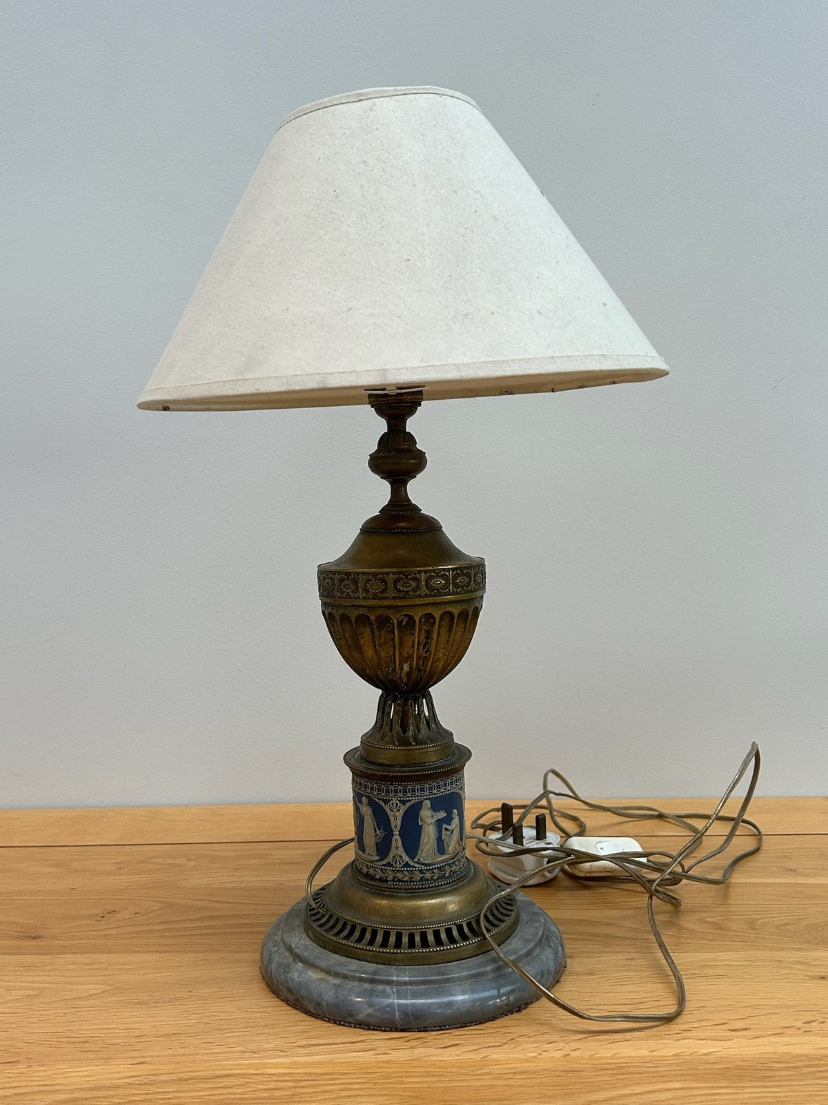 Antique Victorian Brass Urn Table Lamp Blue Jasperware Column Marble Base 36cm1