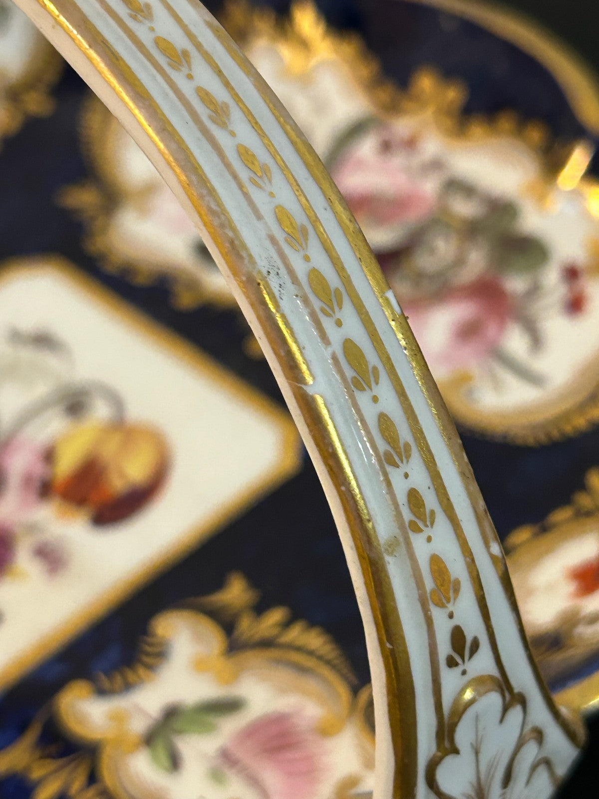 Antique English Porcelain Basket Cobalt Gilt Painted Flowers Handle A/F7