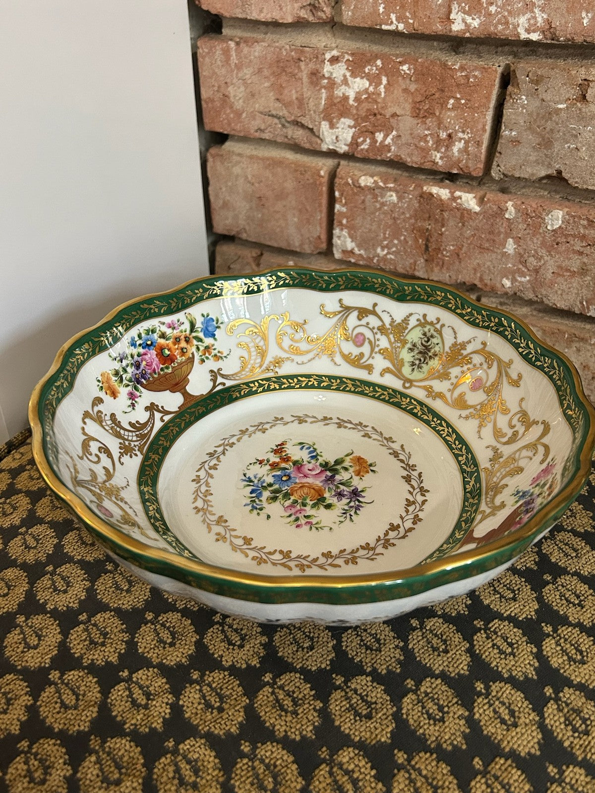 Le Tallec Paris Hand Painted Porcelain Bowl Green Gilt Border Floral Centre1