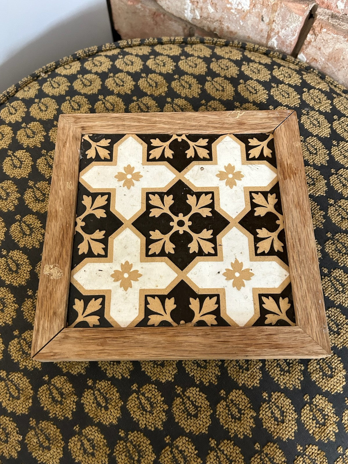Antique Minton and Co Tile Brown Cream Quatrefoil Pattern Framed Trivet Stand0