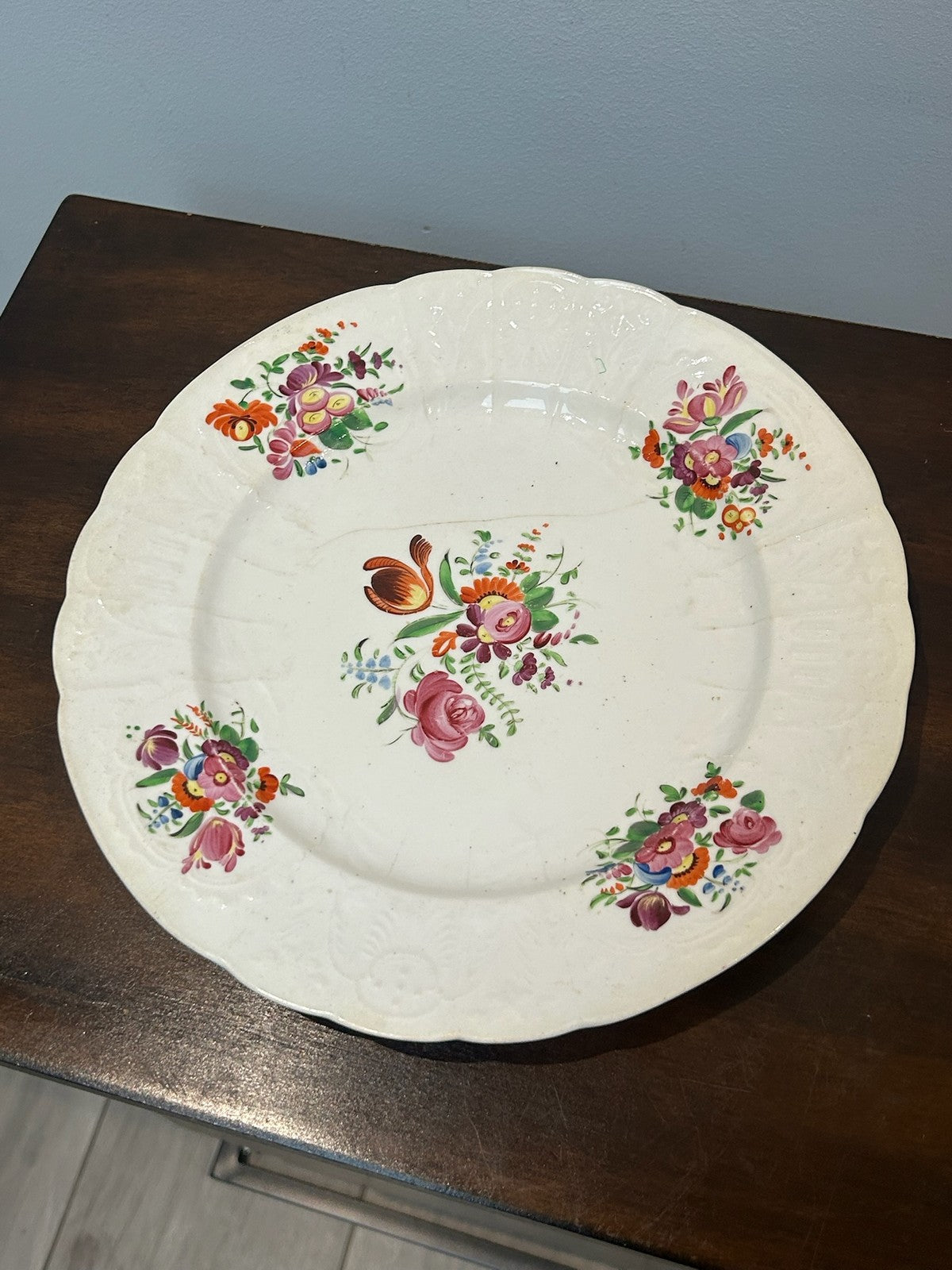 Antique Hand Painted Moulded Rim Dessert Plate Floral Bouquets Roses0