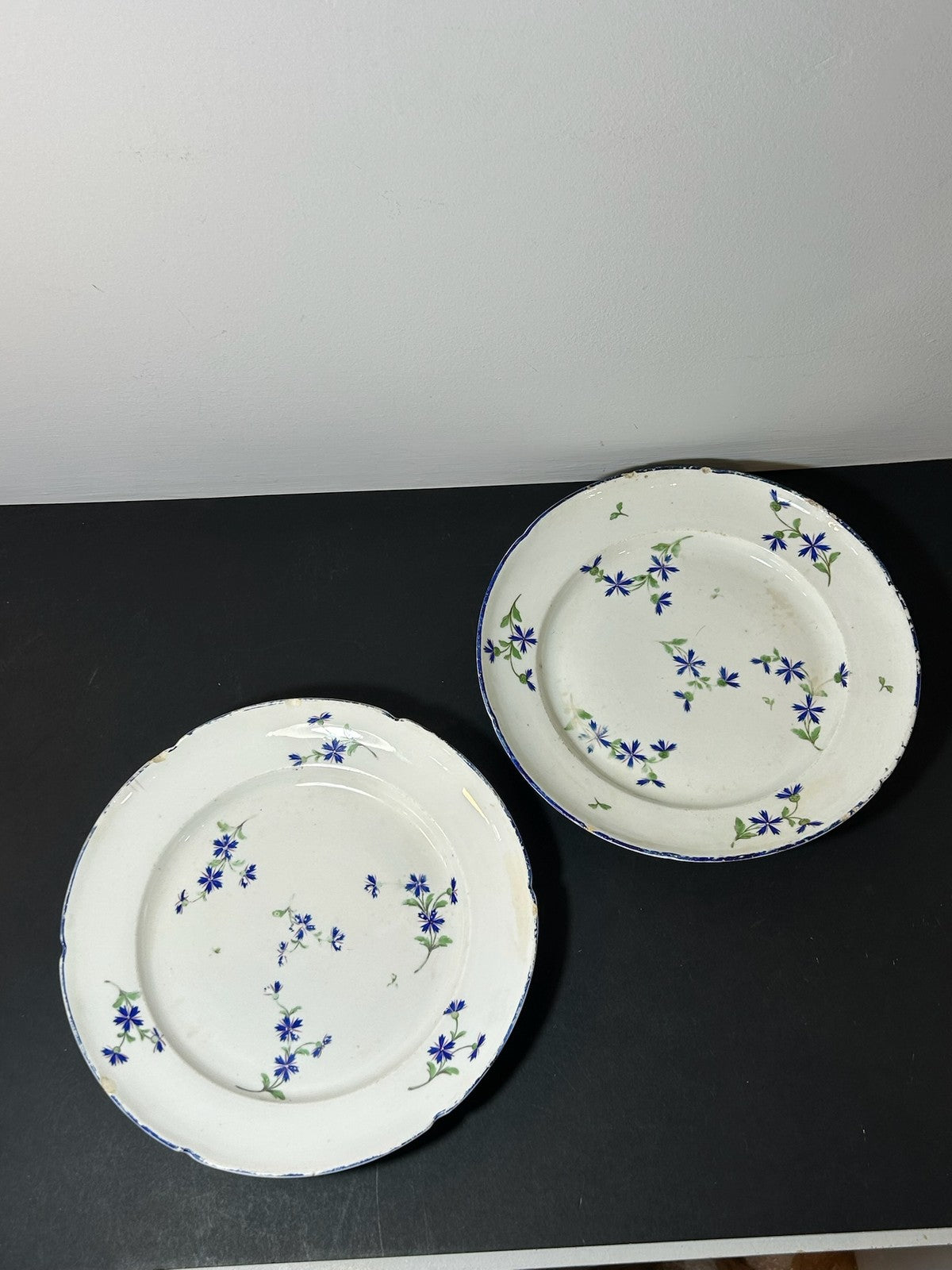 Pair Antique Plates Blue Cornflower Sprig Barbeau Pattern Blue Rim 24cm0