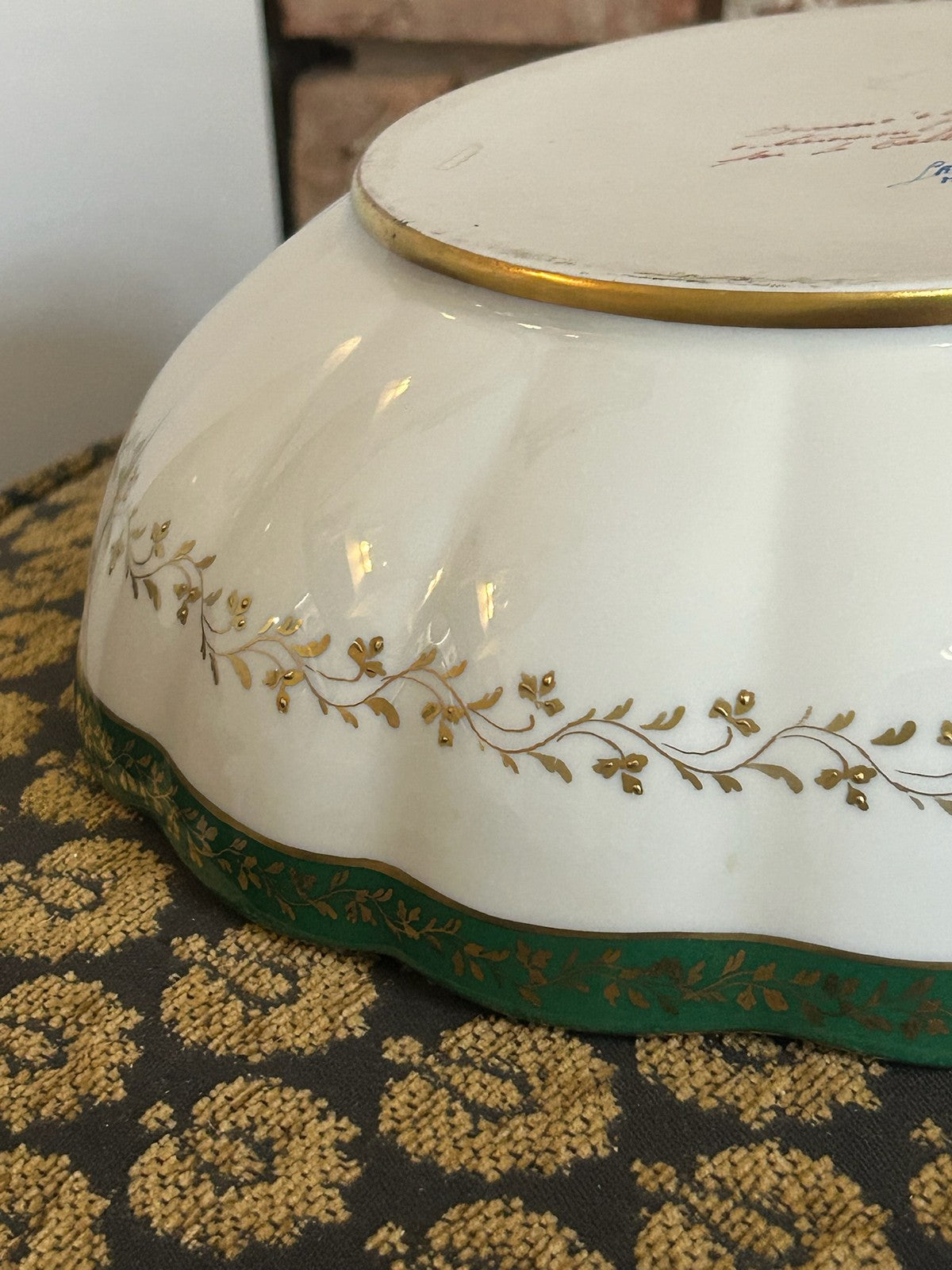 Le Tallec Paris Hand Painted Porcelain Bowl Green Gilt Border Floral Centre16