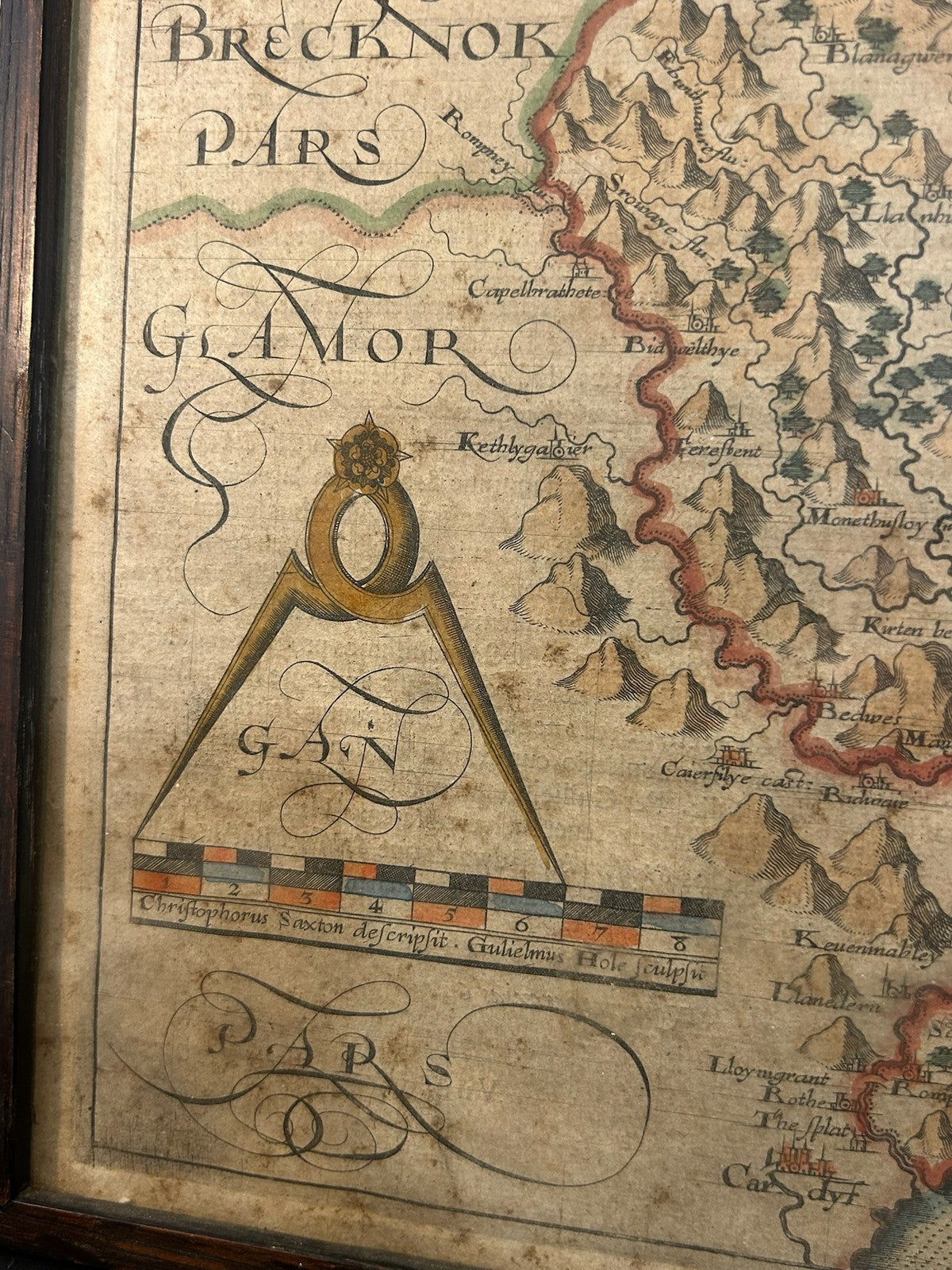 Antique Monmouthshire Map Camden Britannia c.1607 Saxton Hand Coloured Framed2