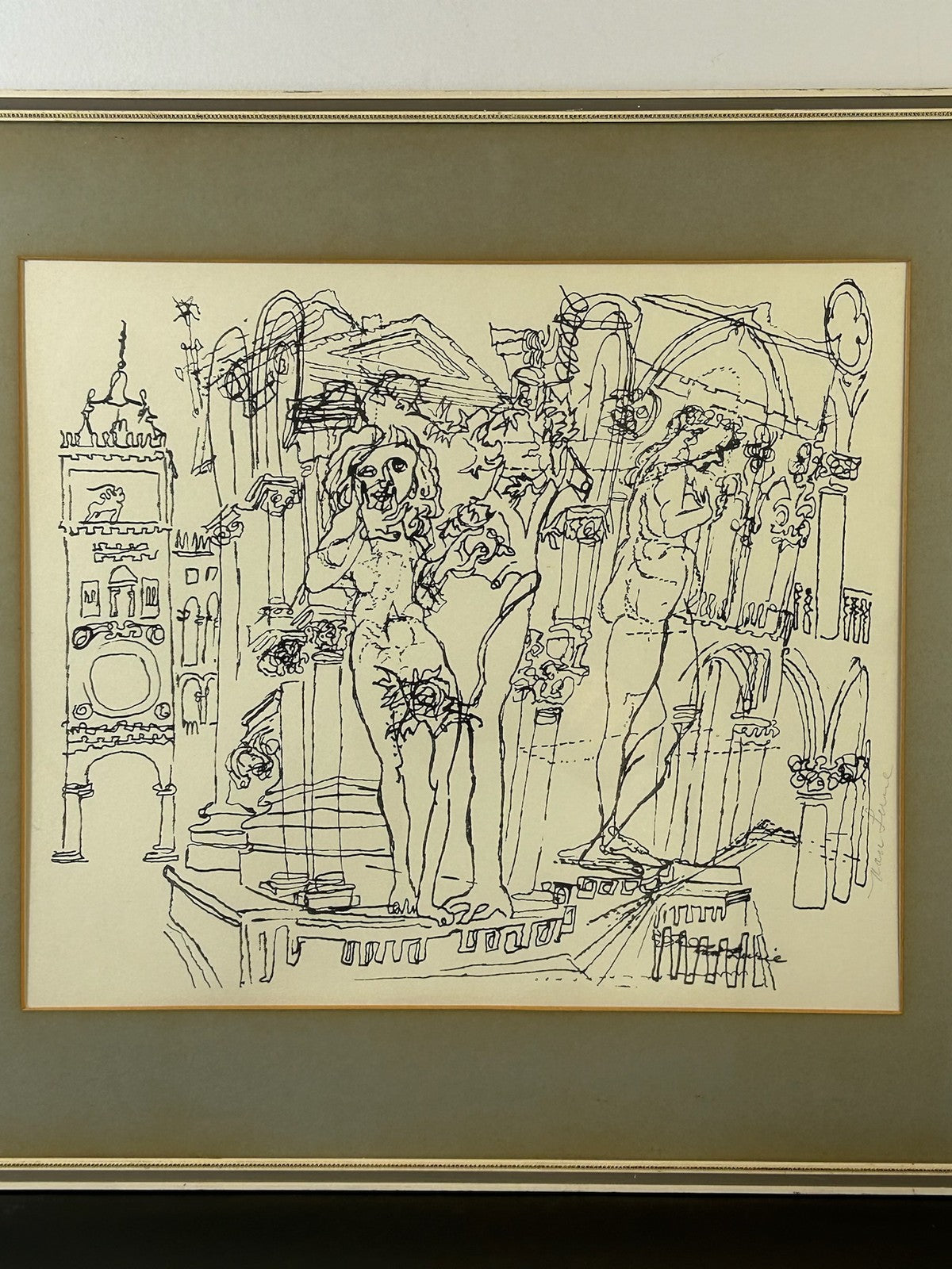Nan Lurie Original Signed Pen & Ink Drawing Figures Architecture WPA Artist1