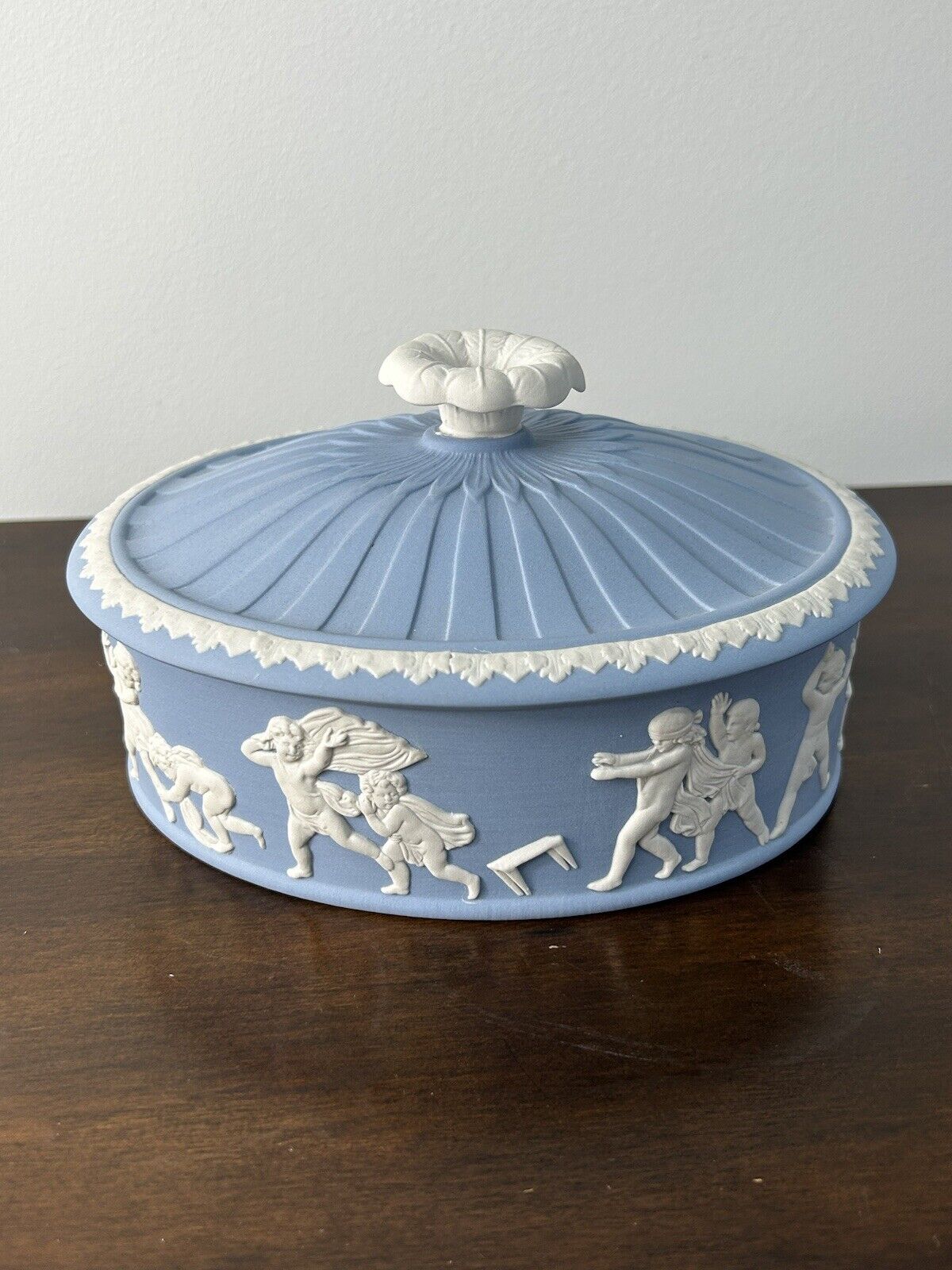 Wedgwood Blue Jasperware Blind Man's Buff Oval Lidded Box - 6.5" x 4.75"