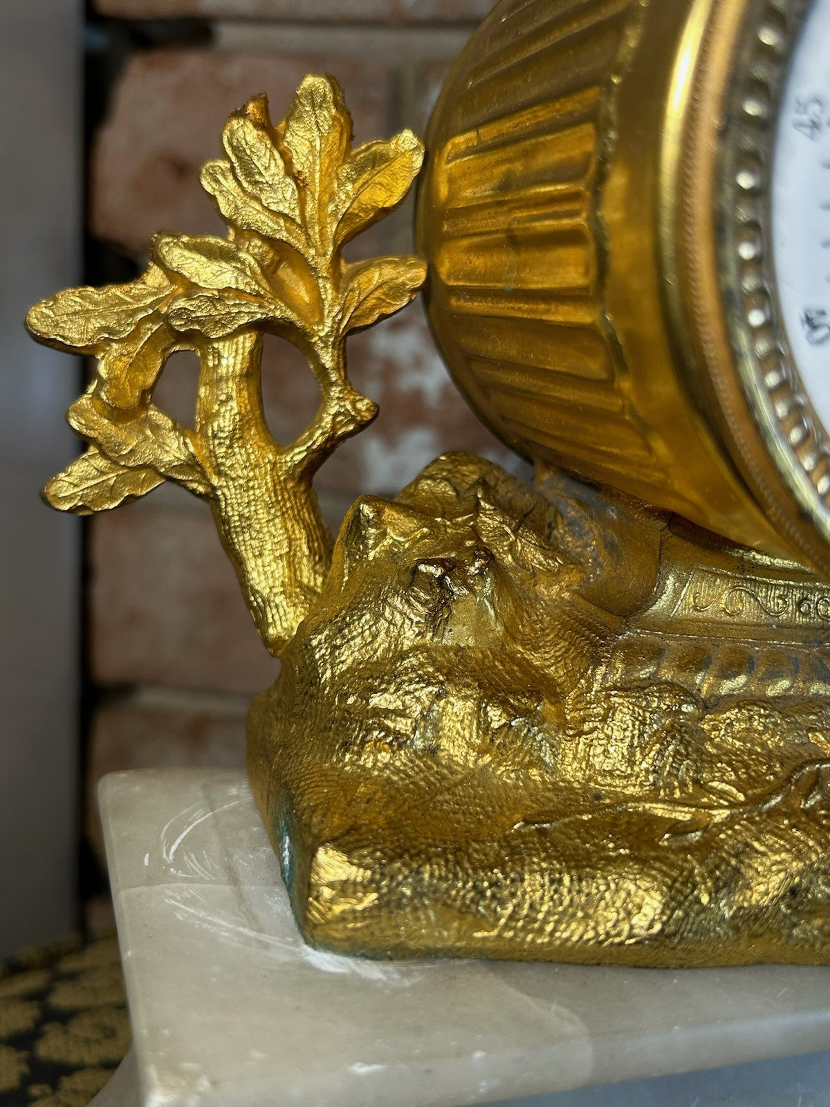 Antique French Gilt Metal Figural Mantel Clock White Marble Base Bell Strike5