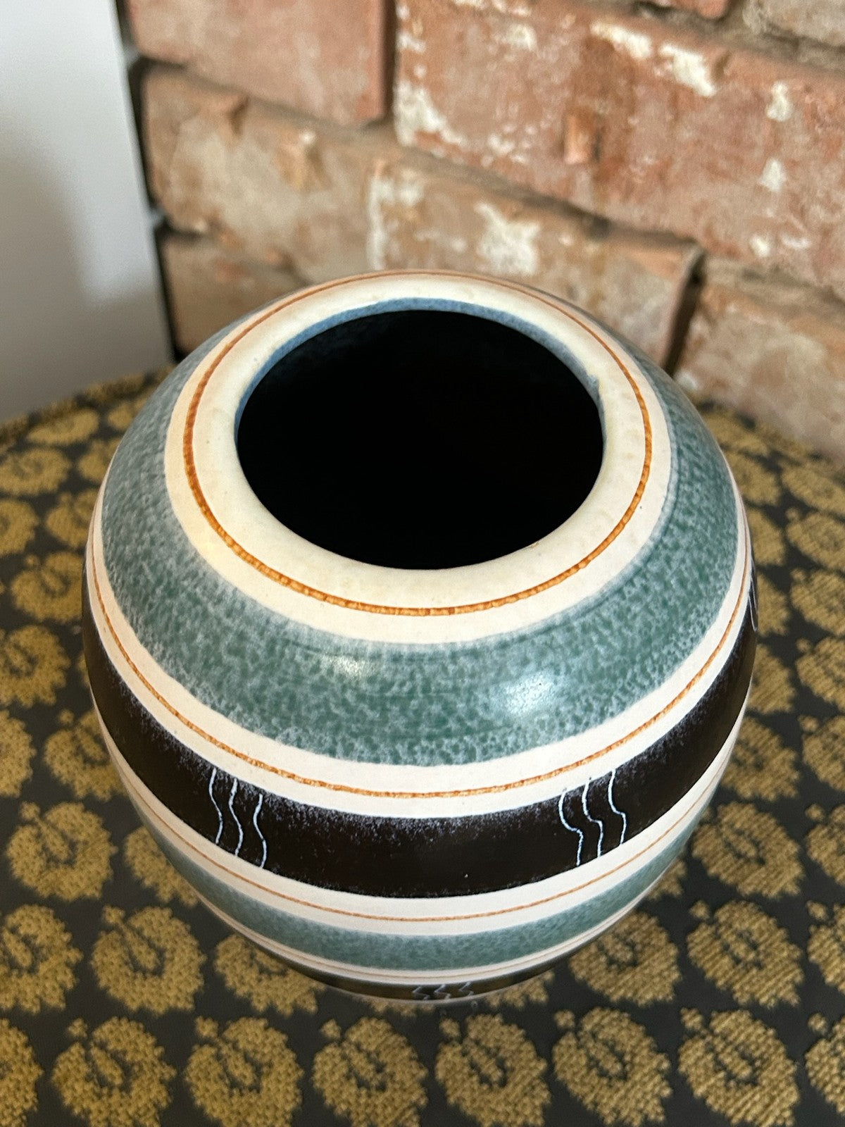 Vintage Pottery Vase Blue Black White Stripes Bands Retro Mid Century 31174