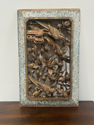 Chinese Carved Giltwood Pierced Panel Birds Blossom Antique Qing 19thC