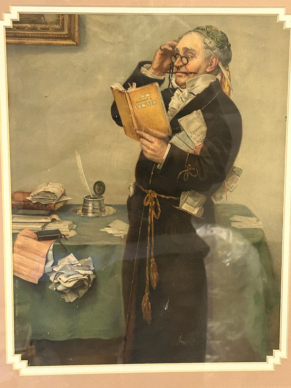 Victorian Chromolithograph Law Lawyer Reading Brief Spectacles c1880 Framed1