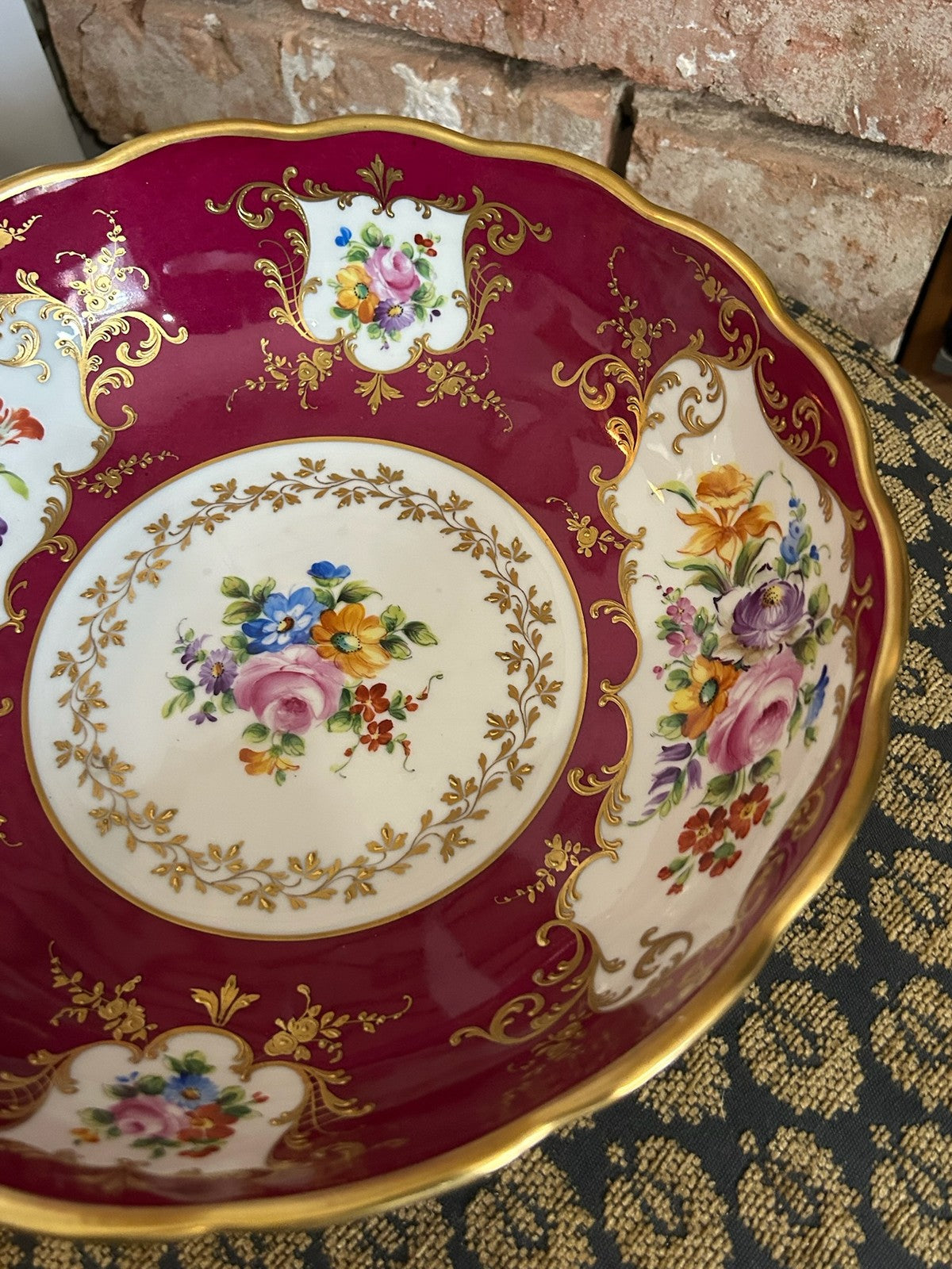 Le Tallec Paris Hand Painted Porcelain Bowl Crimson Gilt Floral Scalloped Rim4