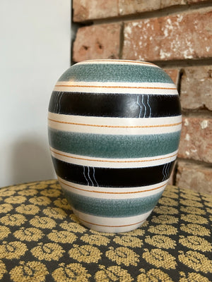 Vintage Pottery Vase Blue Black White Stripes Bands Retro Mid Century 3117