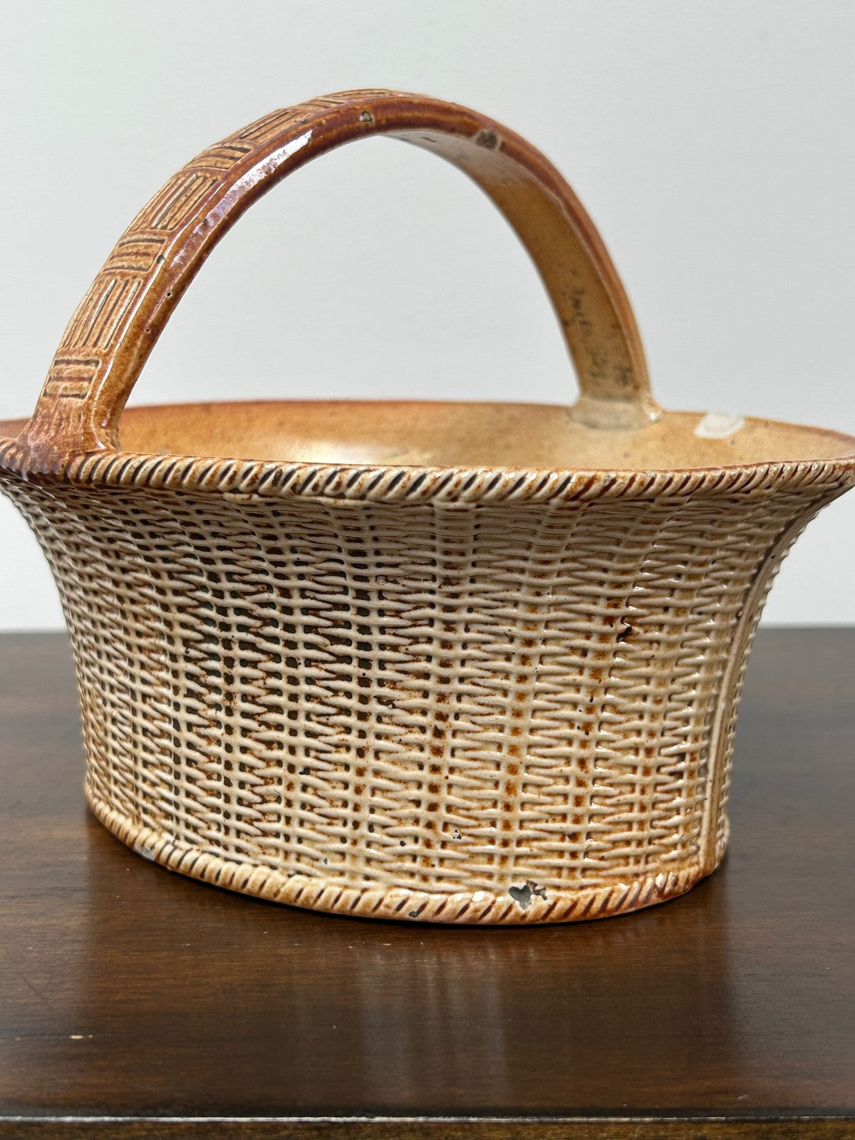 Antique Stoneware Basket Sugar Bowl Reeded Loop Handle Georgian 19thC5