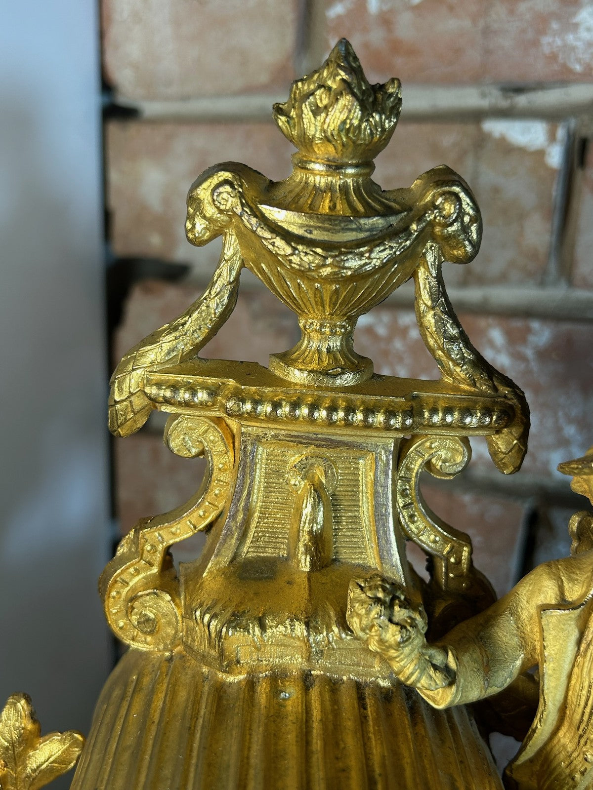 Antique French Gilt Metal Figural Mantel Clock White Marble Base Bell Strike8
