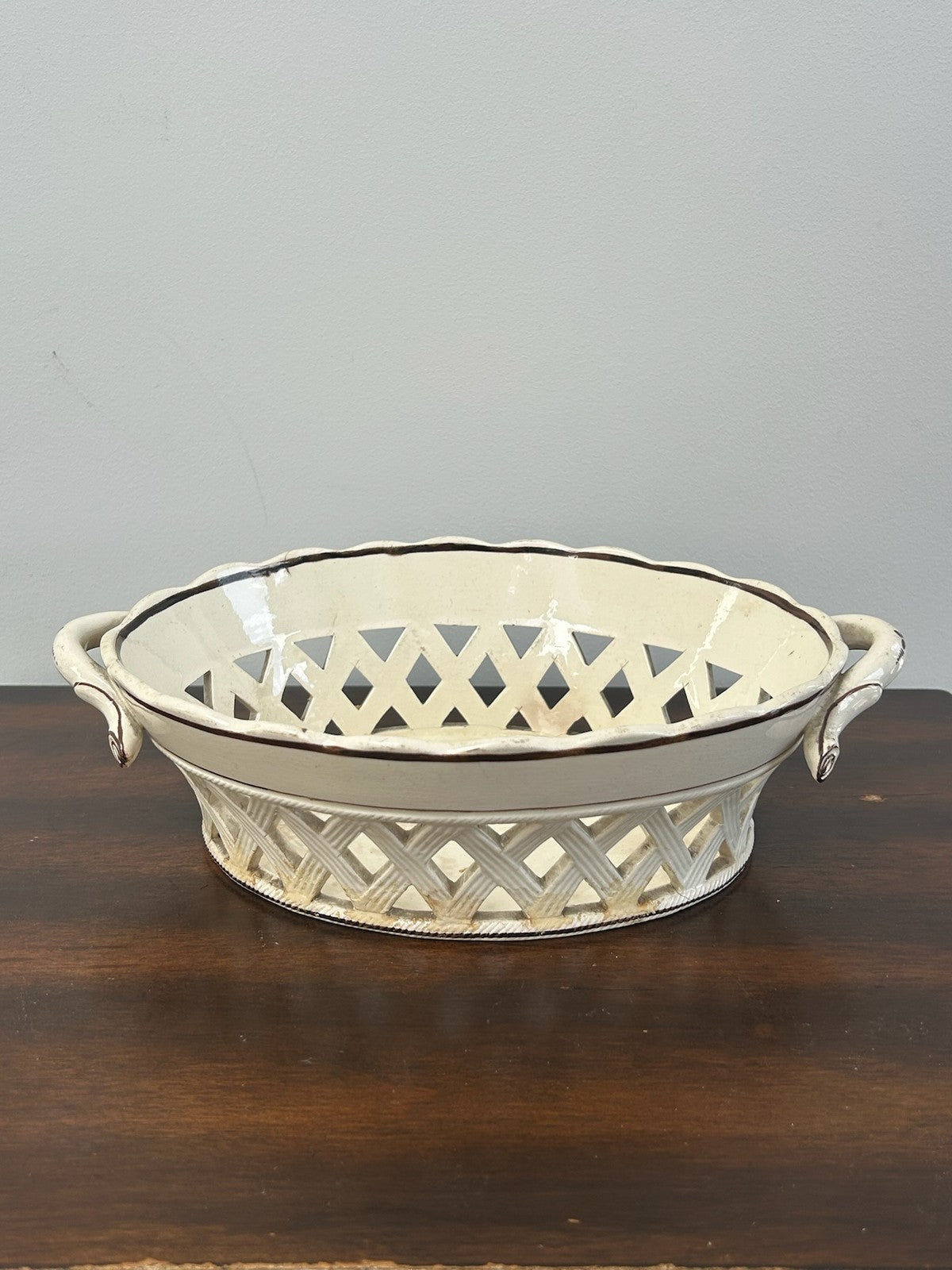 Antique Creamware Twin Handled Pierced Oval Basket A/F0