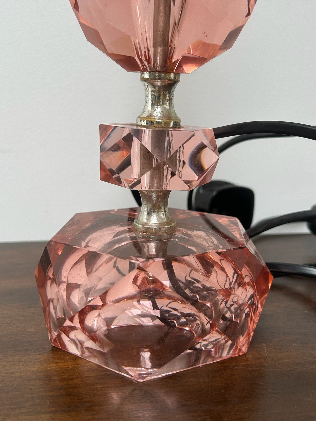 Pair Pink Cut Glass Table Lamps Faceted Rose Bases Rewired 34cm2