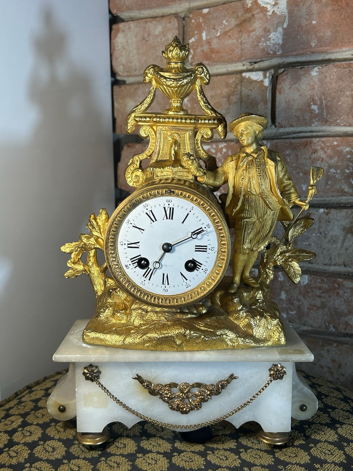 Antique French Gilt Metal Figural Mantel Clock White Marble Base Bell Strike2