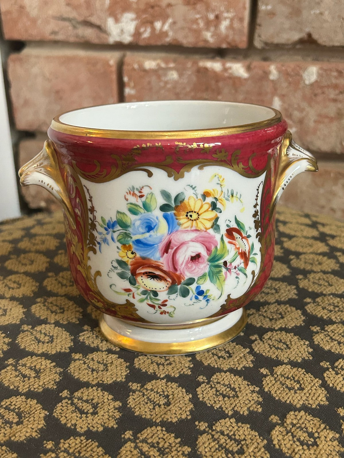 Le Tallec Paris Hand Painted Porcelain Cachepot Crimson Gilt Floral Reserves5